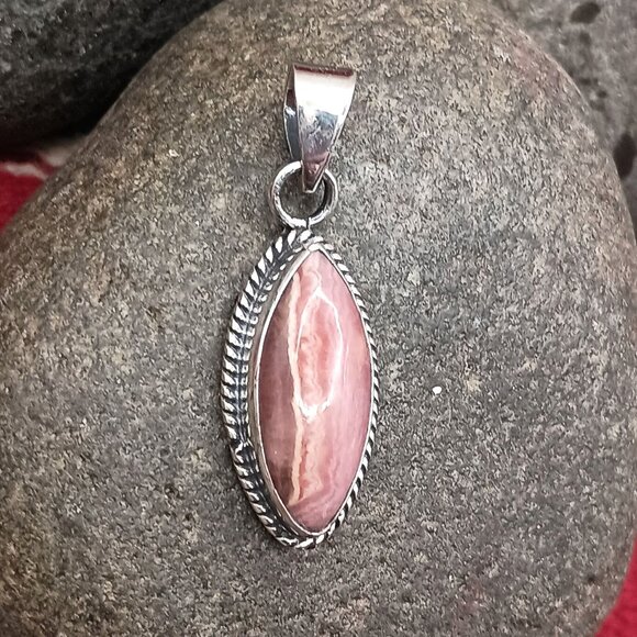 Handmade Pink Rhodochrosite Sterling Silver Pendant Oblong Unisex - Picture 1 of 7